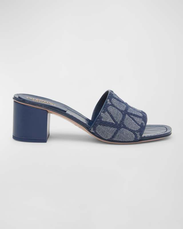 VLogo Denim Block-Heel Mule Sandals